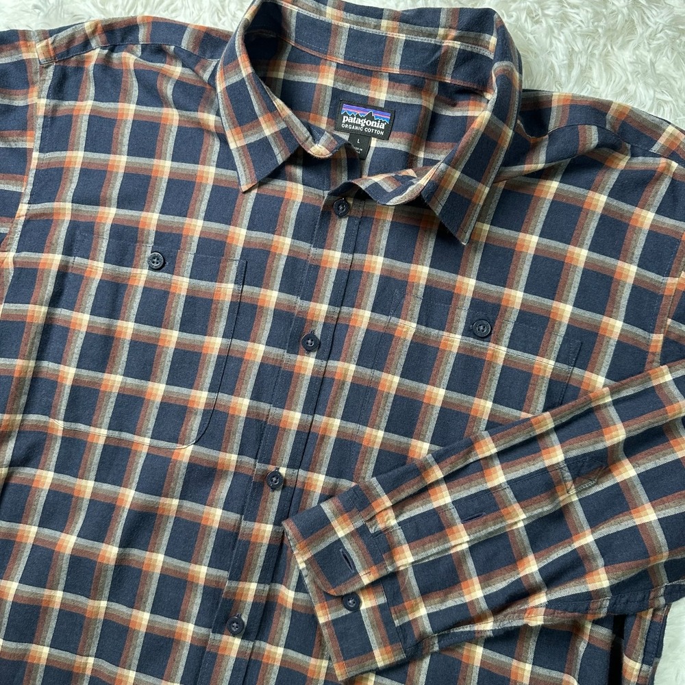 Patagonia Mens L Organic Cotton Flannel Button Up Shirt-Gray Rust Tartan Plaid